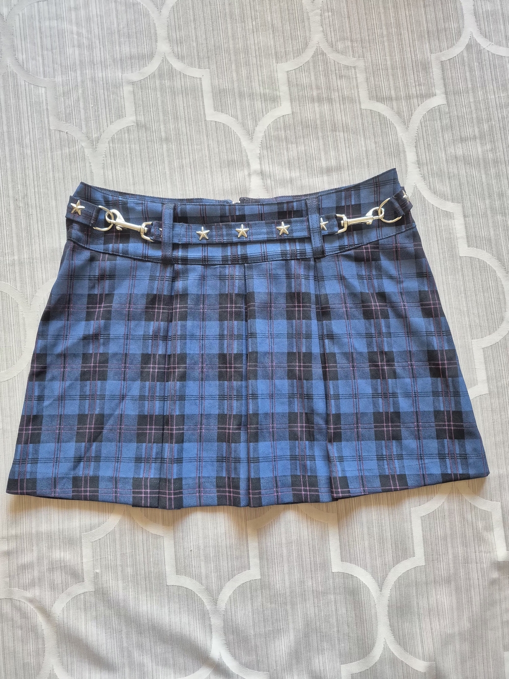 MT Blue Plaid Pleated Mini Skirt with Star Accent Belt